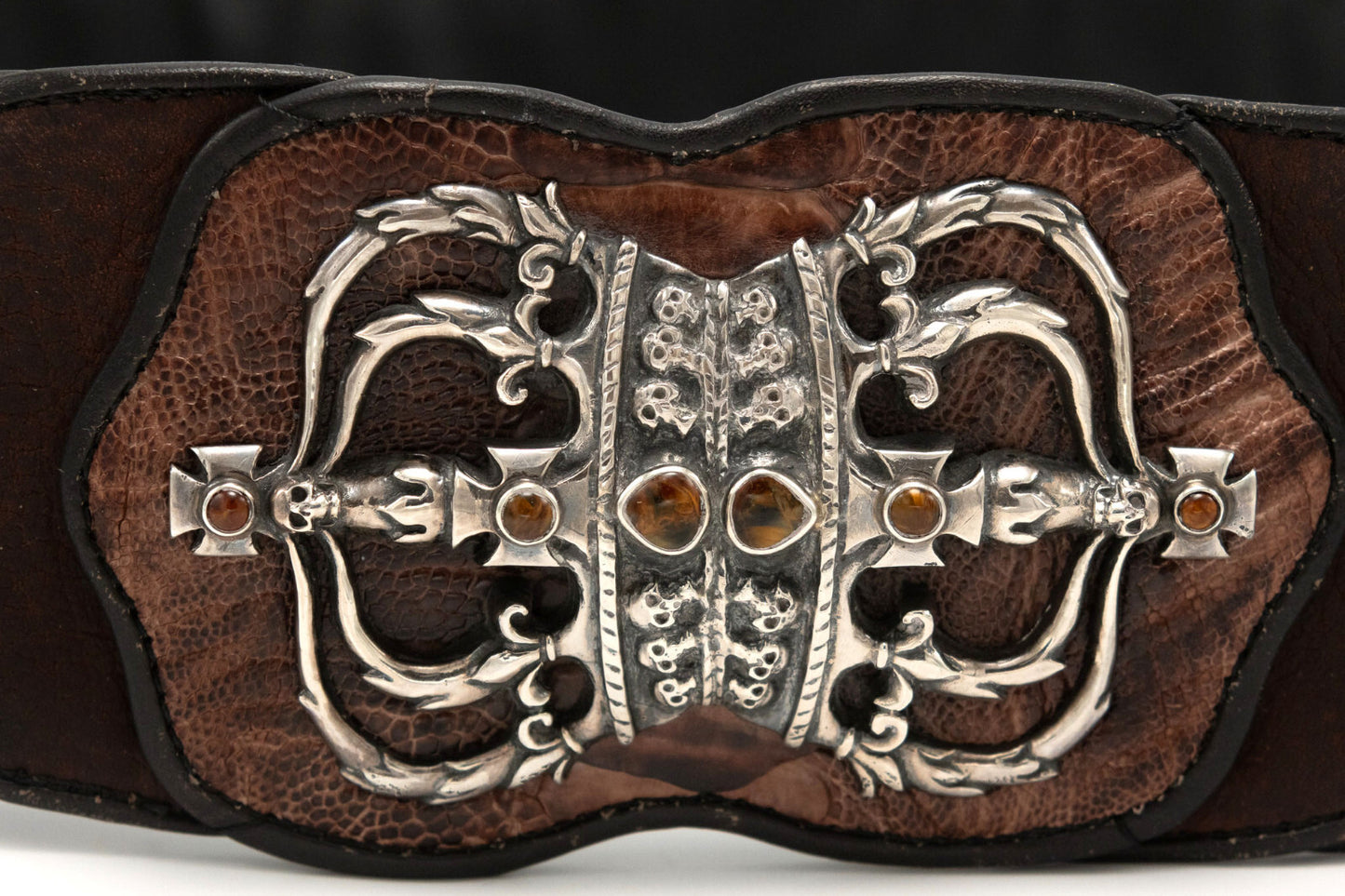 Rare Vintage Ostrich Leather Belt with Sterling Silver & Inlaid Stones - Brown