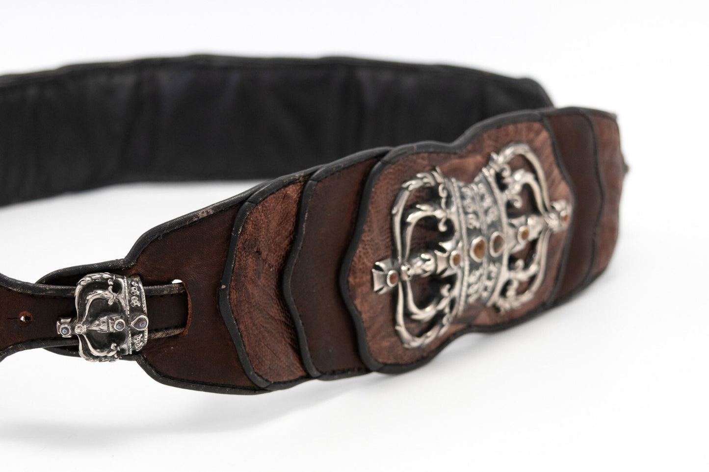 Rare Vintage Ostrich Leather Belt with Sterling Silver & Inlaid Stones - Brown